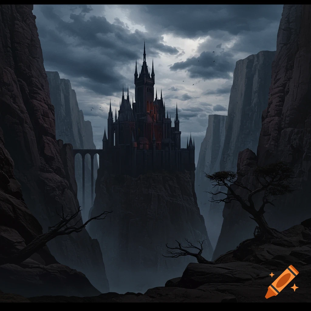 A menacing black castle perched atop a cliff in a dark, misty canyon.
