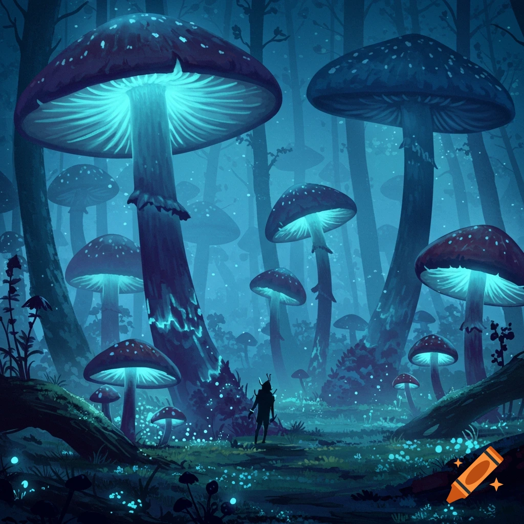A person standing in a glowing mystical forest with large mushrooms.