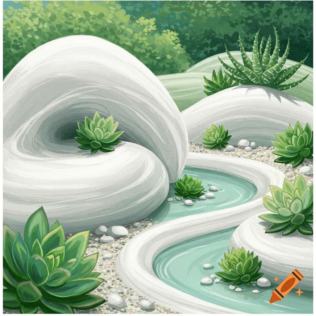 A succulent garden with white, flowing rocks and a winding stream.