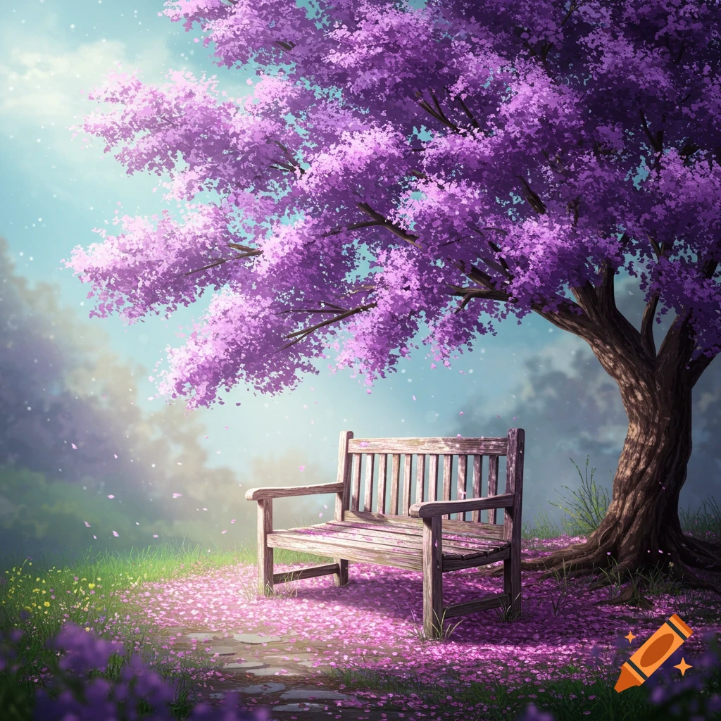 A wooden bench sits under a purple tree with pink petals falling.