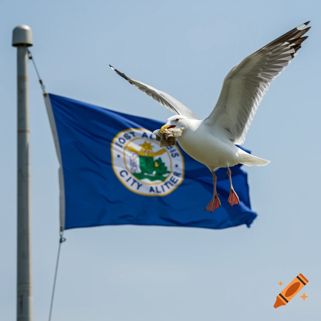 A seagull flies with trash in its beak in front of a blue flag against a blue sky.