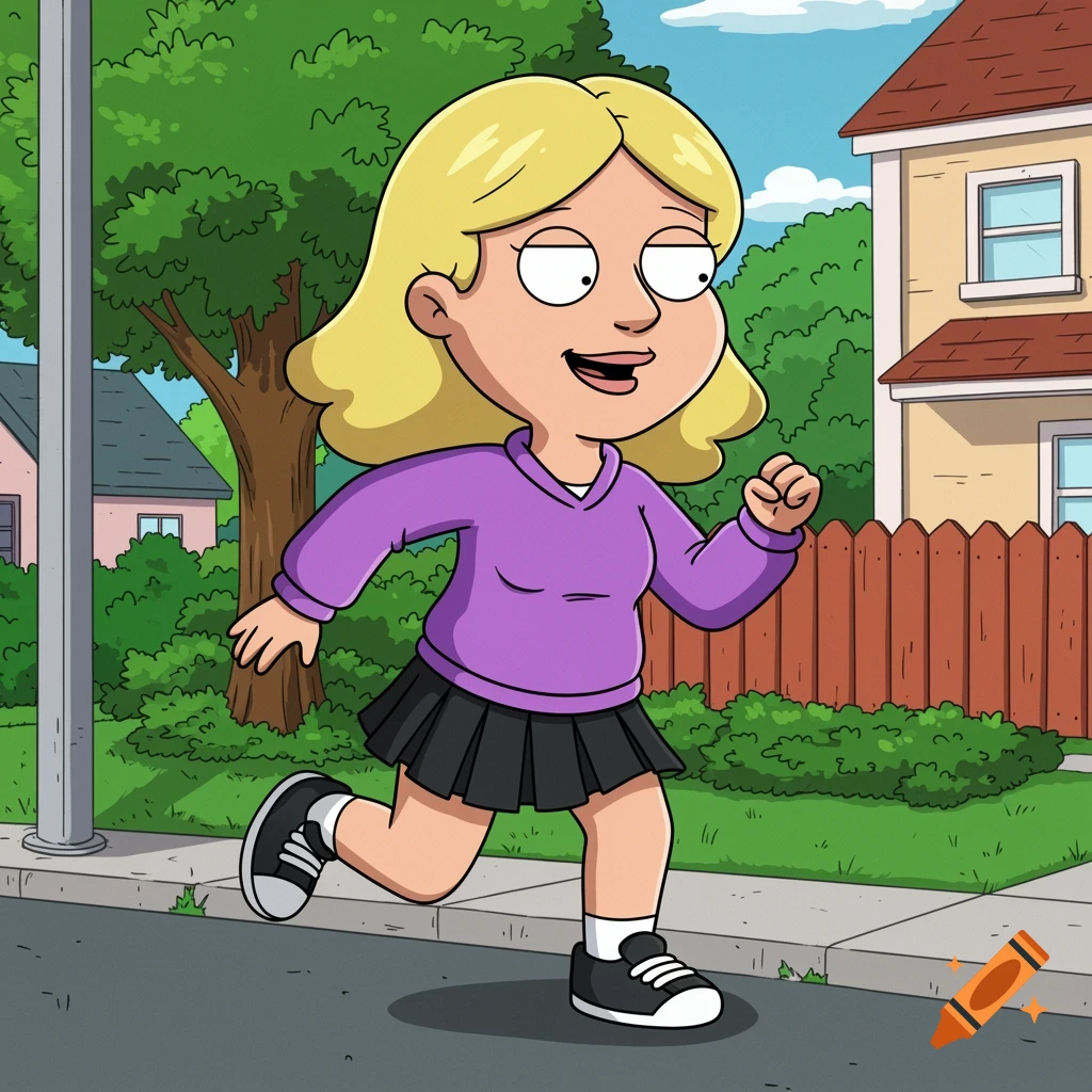 A cartoon teenage girl with blonde hair wearing a purple sweatshirt and black skirt jogs on a suburban street in Family Guy style.