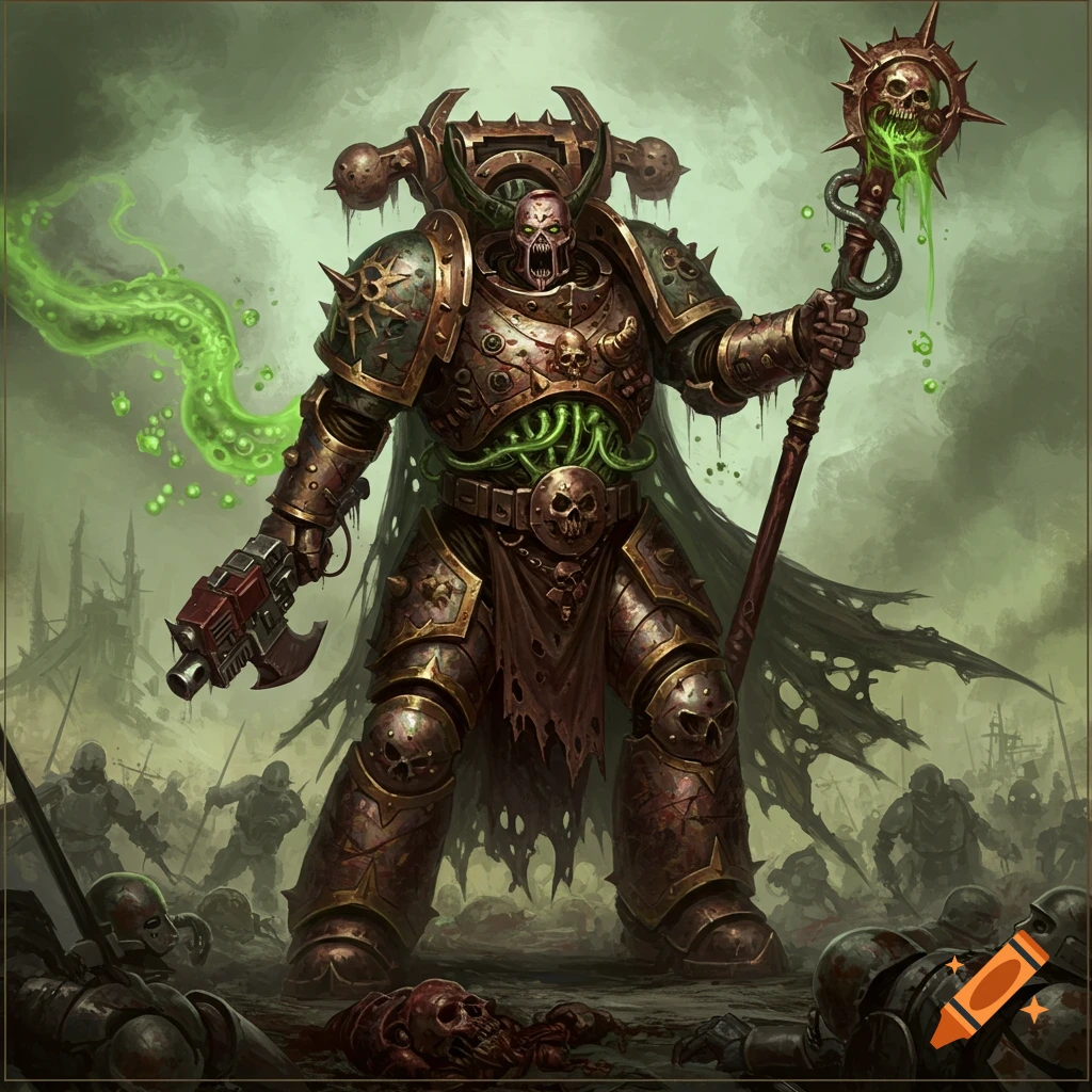 A grim Plague Marine from Warhammer 40k stands on a battlefield with fallen foes.