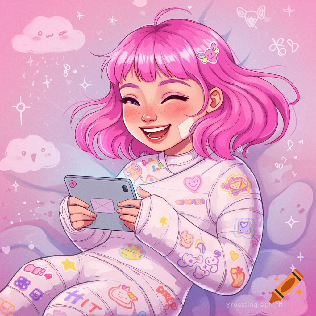 Cartoon illustration of a girl in a decorated full body cast happily using a tablet.