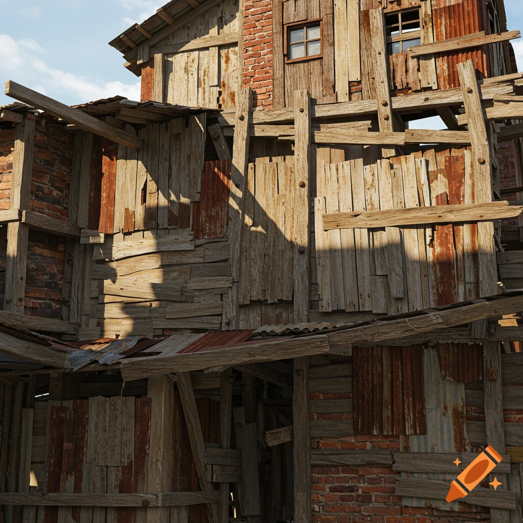 A detailed painting of a rustic building constructed from scrap wood, metal, and brick under a blue sky.