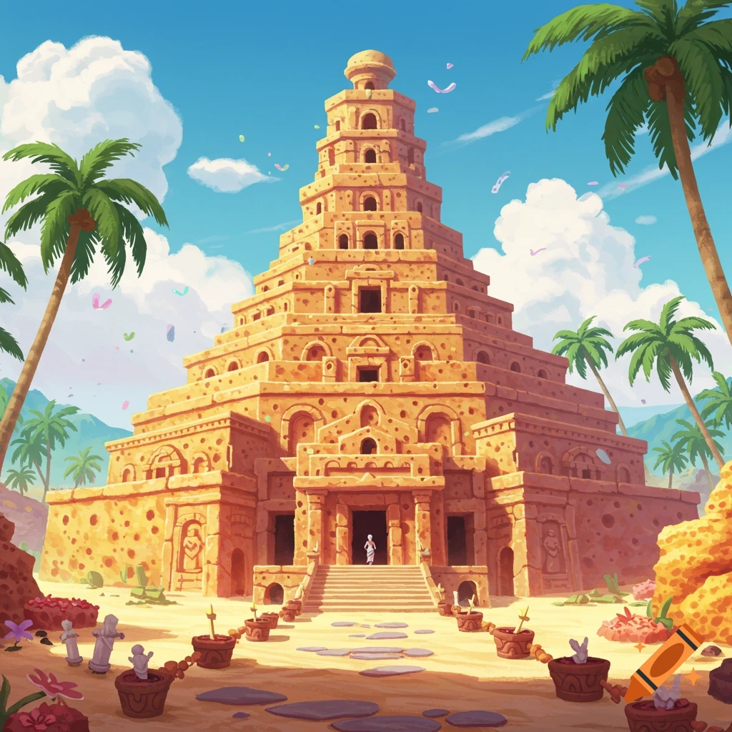 A large sponge temple in a sandy landscape with palm trees under a cloudy sky.