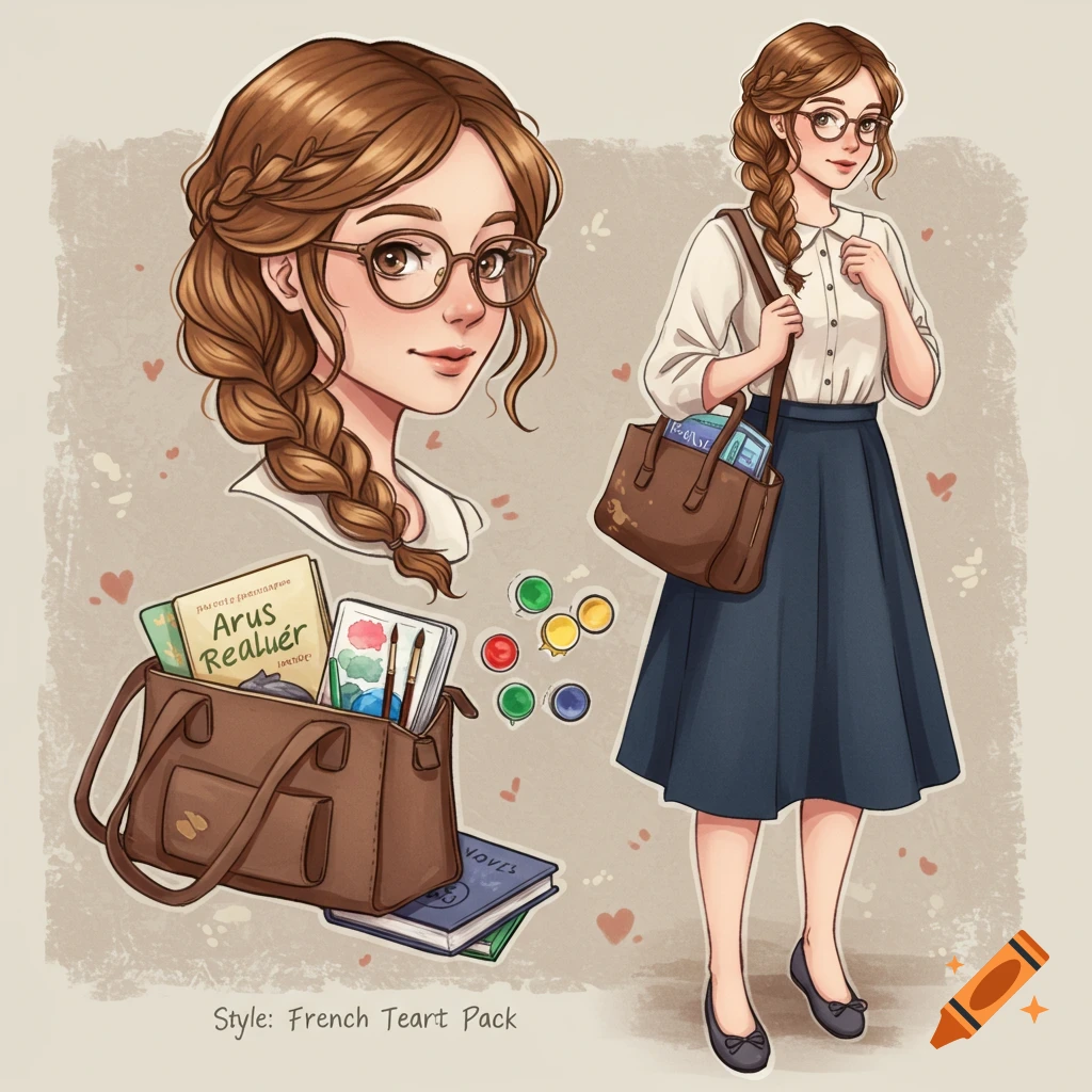 An illustration of a young woman with a braid, glasses, carrying a bag filled with books and art supplies.
