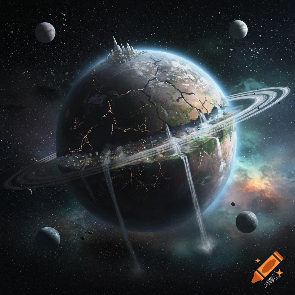 A shattered planet with rings, waterfalls, city lights in the cracks, and moons in space.