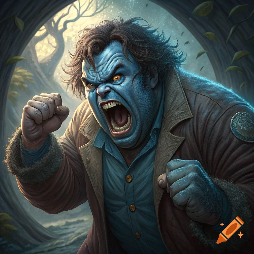 Angry blue monster figure with fur trim jacket raises fists in a forest.