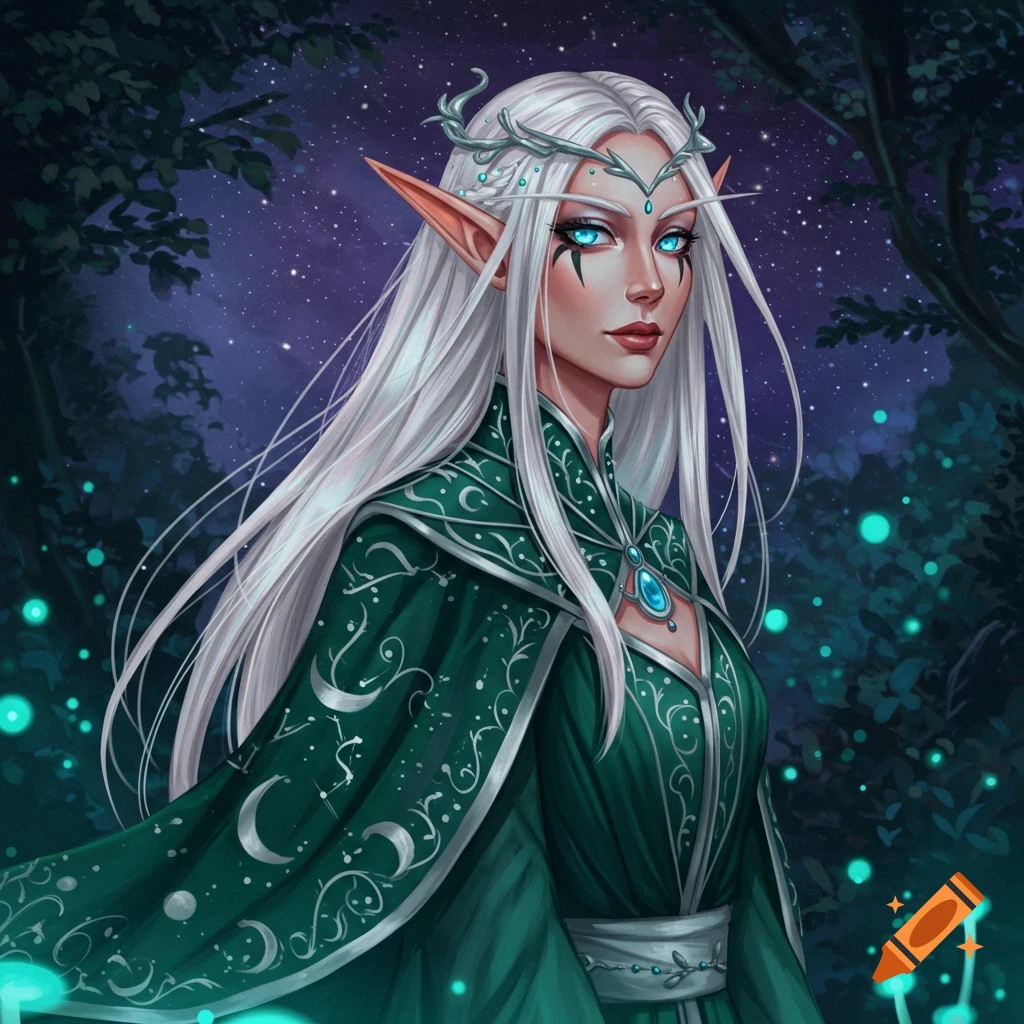 Painting of a fantasy high elf woman in a forest at night