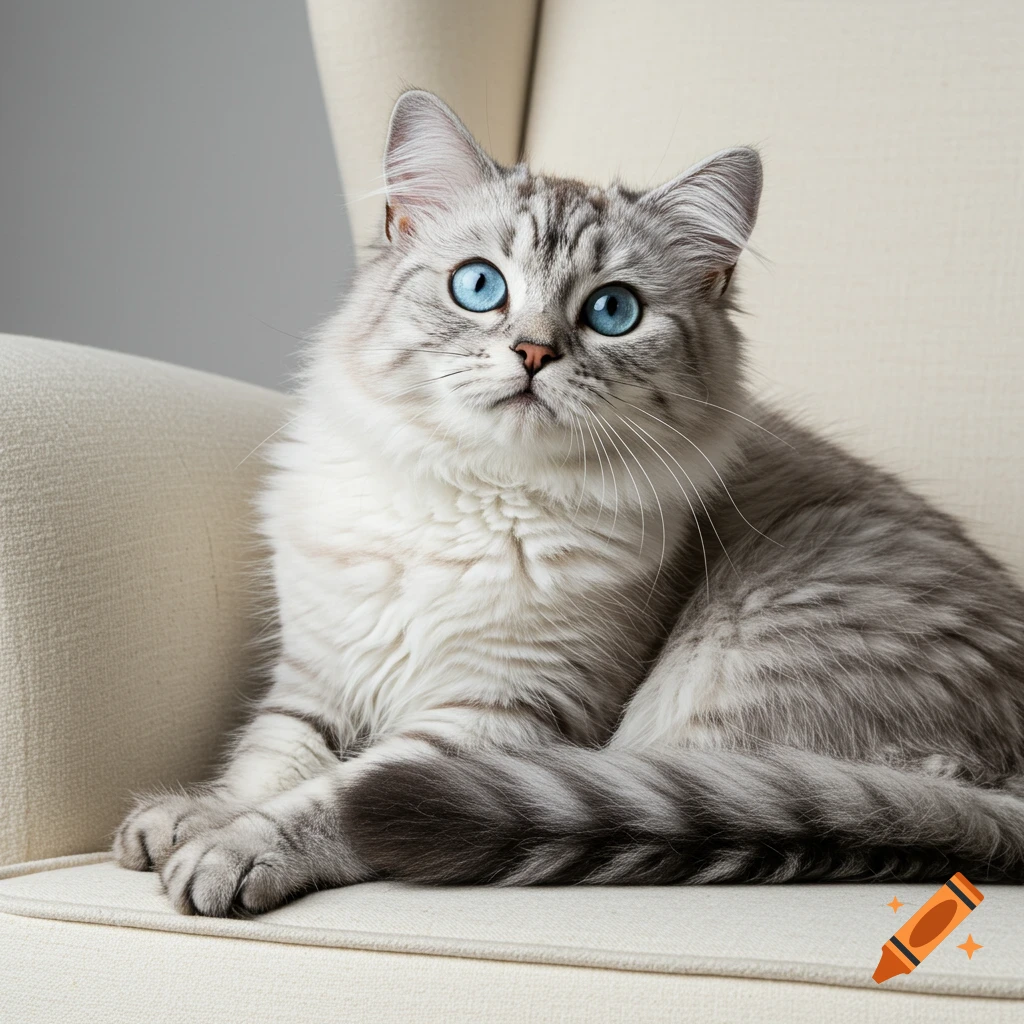 A silver tabby cat with bright blue eyes sits on a chair.