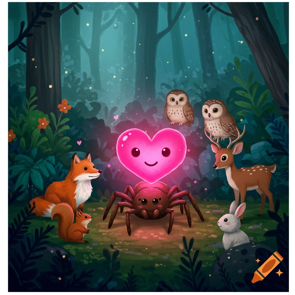 A cute spider with a glowing heart is surrounded by forest animals (fox, squirrel, owls, deer, rabbit) in a magical forest.