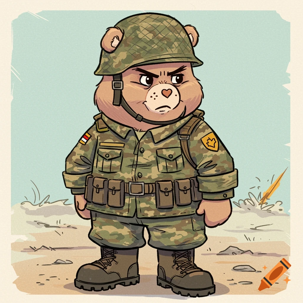 Comic book illustration of a grumpy cartoon bear in a military uniform.