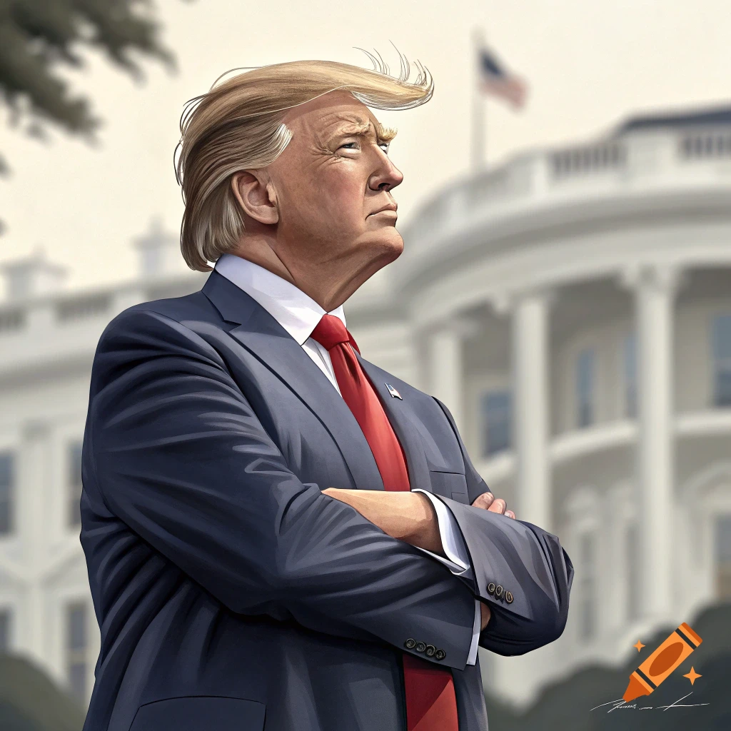 Stylized portrait of Donald Trump with arms crossed, standing in front of the White House.