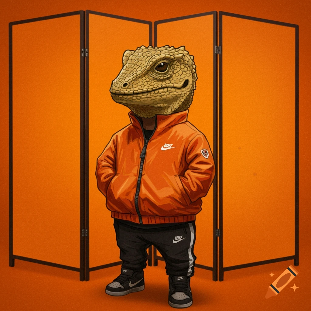A stylized character with a lizard head wears an orange jacket, black track pants with a logo, and sneakers, standing in front of orange screens.