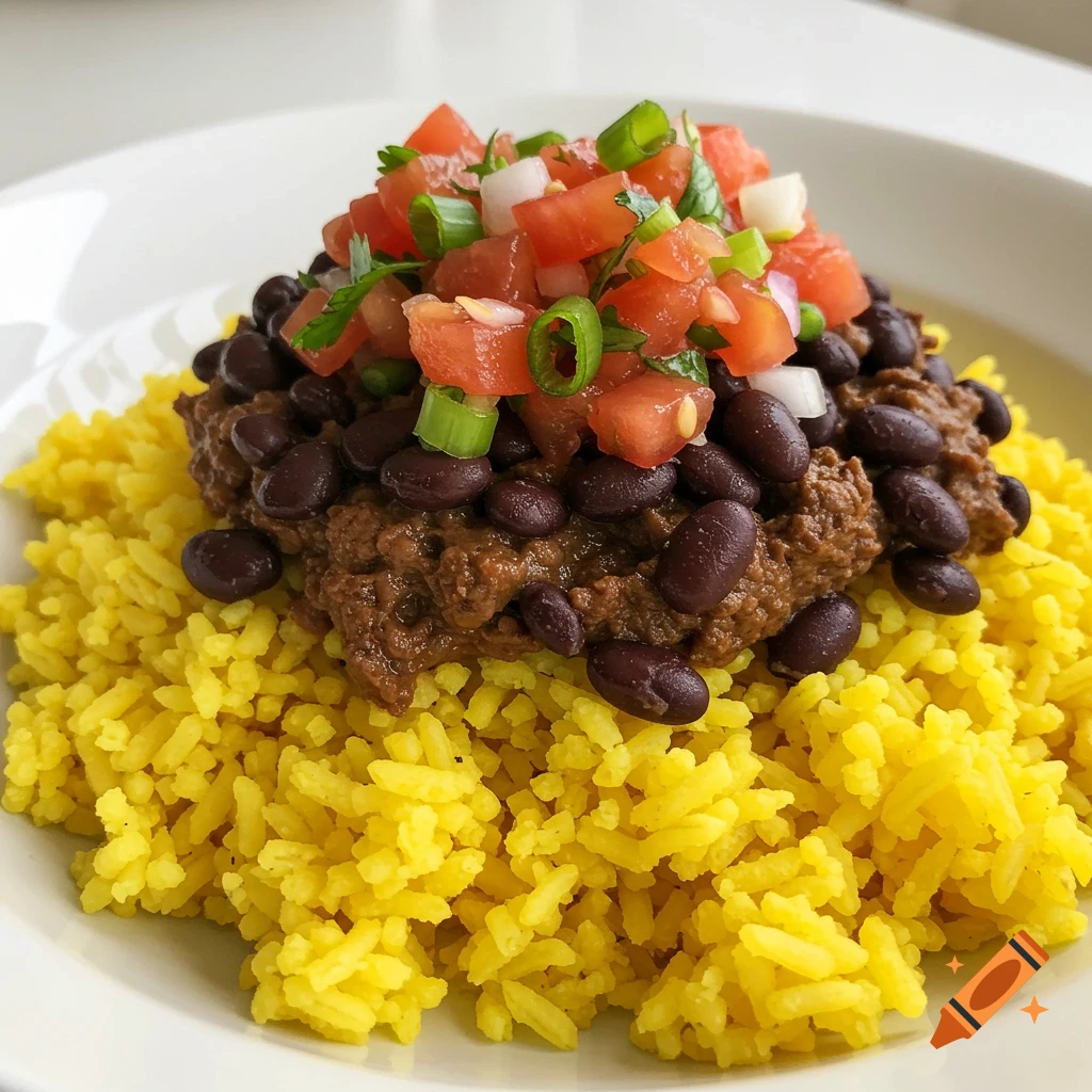 A bowl of yellow rice topped with a meat and bean mixture, black beans, and pico de gallo.