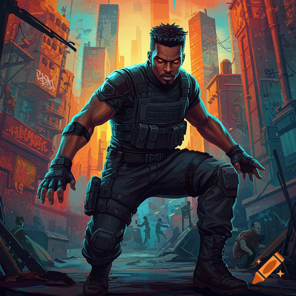 Man in tactical gear in a crouched pose in a chaotic urban cityscape, digital comic book art.