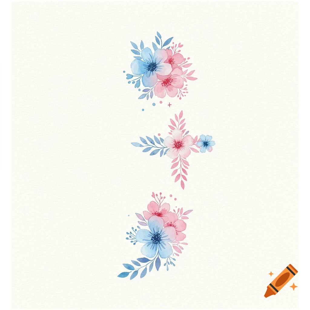 Watercolor illustrations of flowers forming a semicolon, cross, and semicolon.