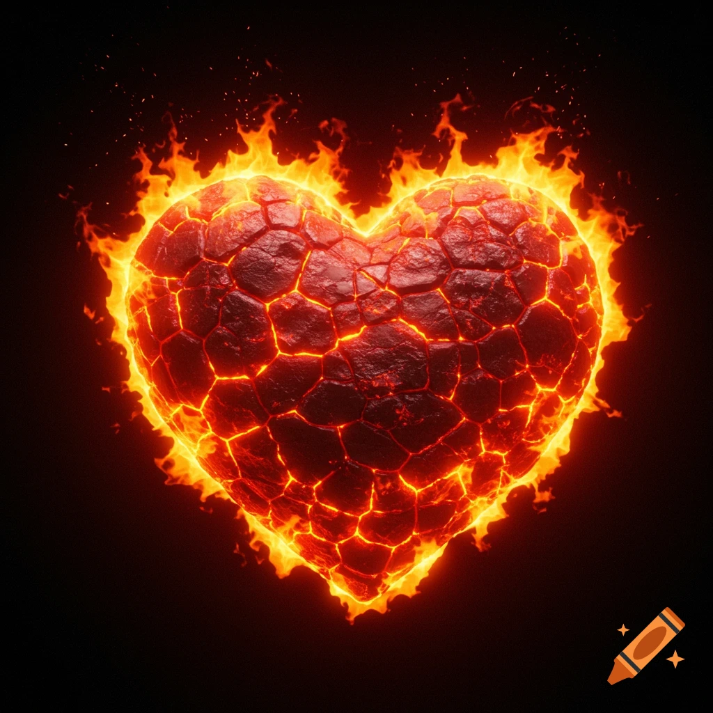 A fiery heart made of cracked lava glows with intense heat and flames against a black background