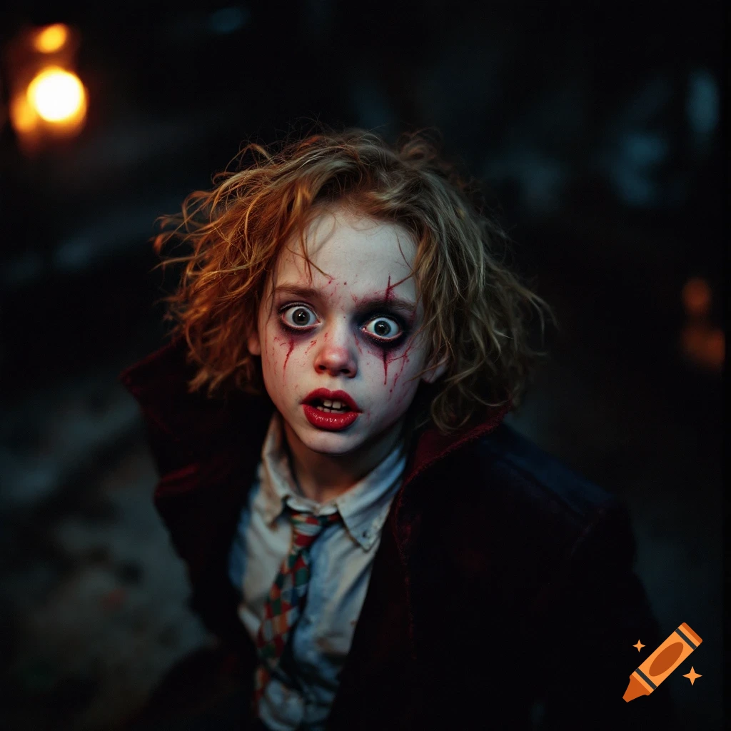A child with horror makeup and wide eyes looks scared in a dark setting.