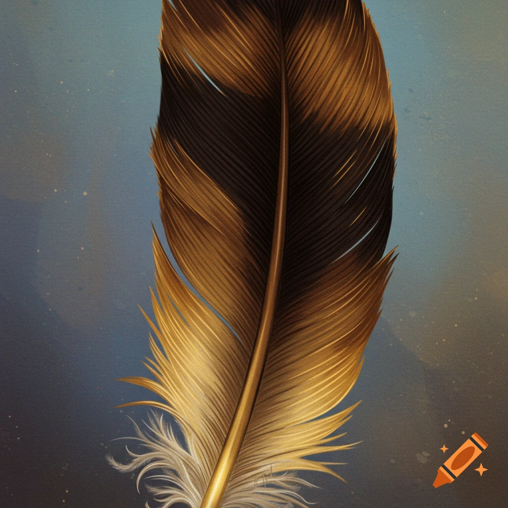 A brown and gold feather is set against a blue background.