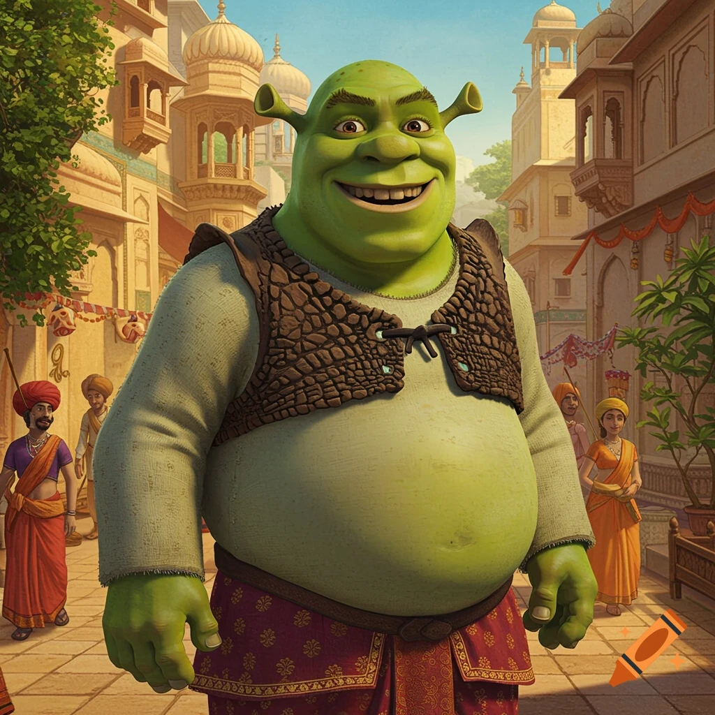 Shrek wearing traditional Indian clothing in a vibrant Indian street scene.