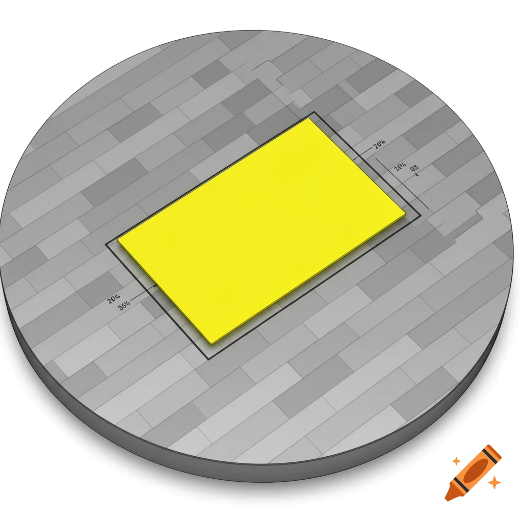 A yellow rectangle centered on a gray circular base with measurement lines.