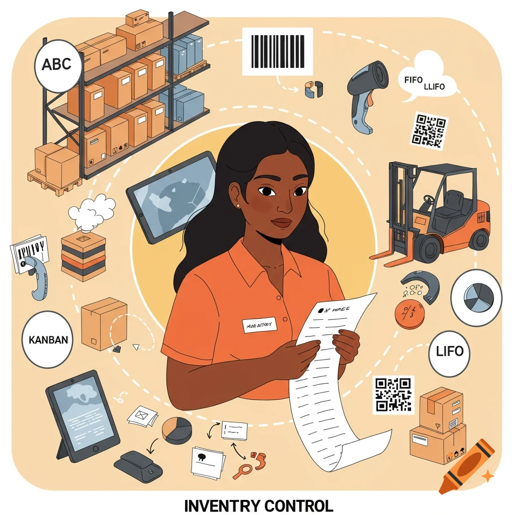 Digital illustration of a woman in a warehouse surrounded by inventory control elements like shelves, boxes, scanner, forklift, and diagrams.