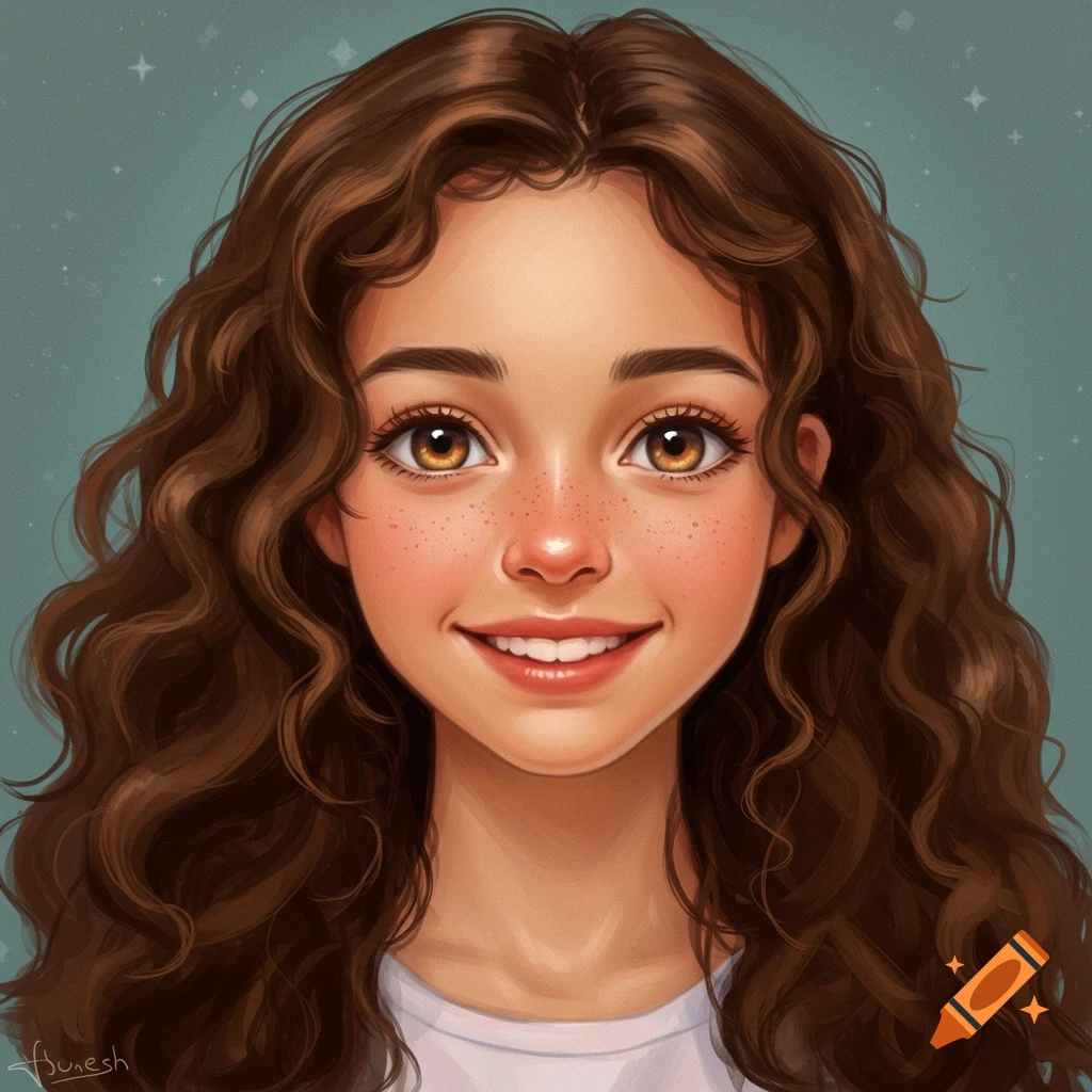 A smiling young woman with long curly brown hair and brown eyes against a blue background.