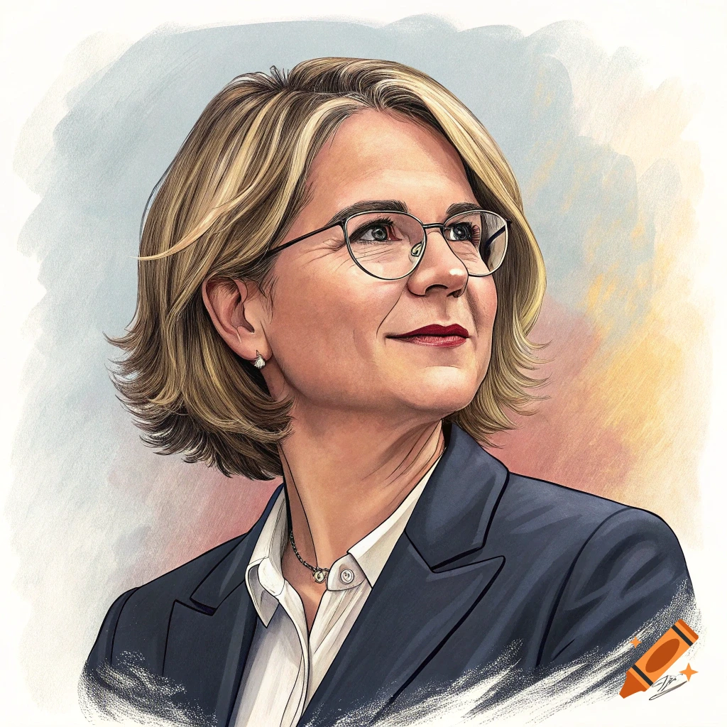 Illustration of a woman with short blond hair and glasses, wearing a suit and looking up.