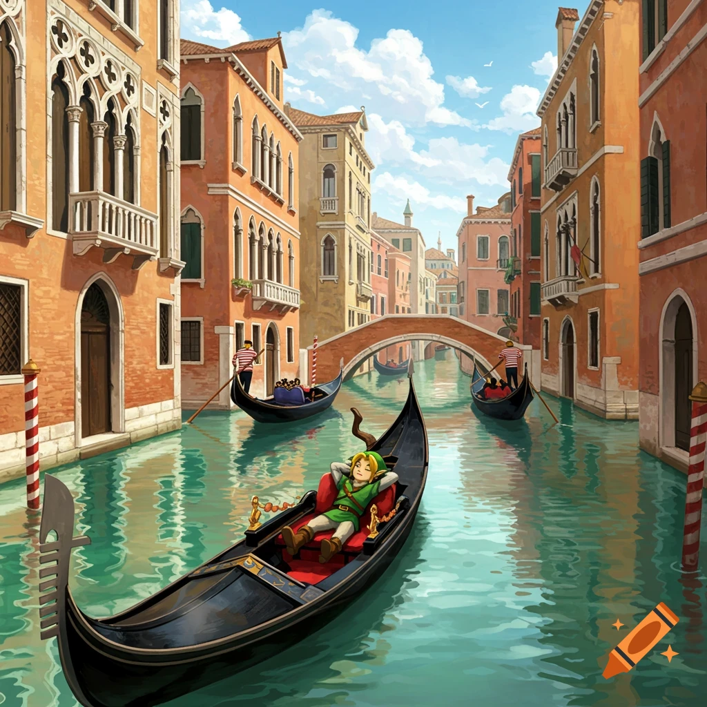 Link from Zelda relaxes in a gondola on a Venice canal.