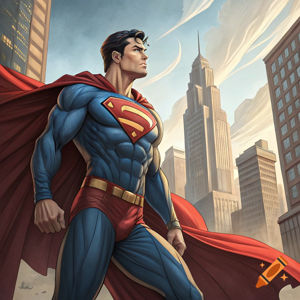 Illustration of Superman standing heroically in a city looking towards the sky.