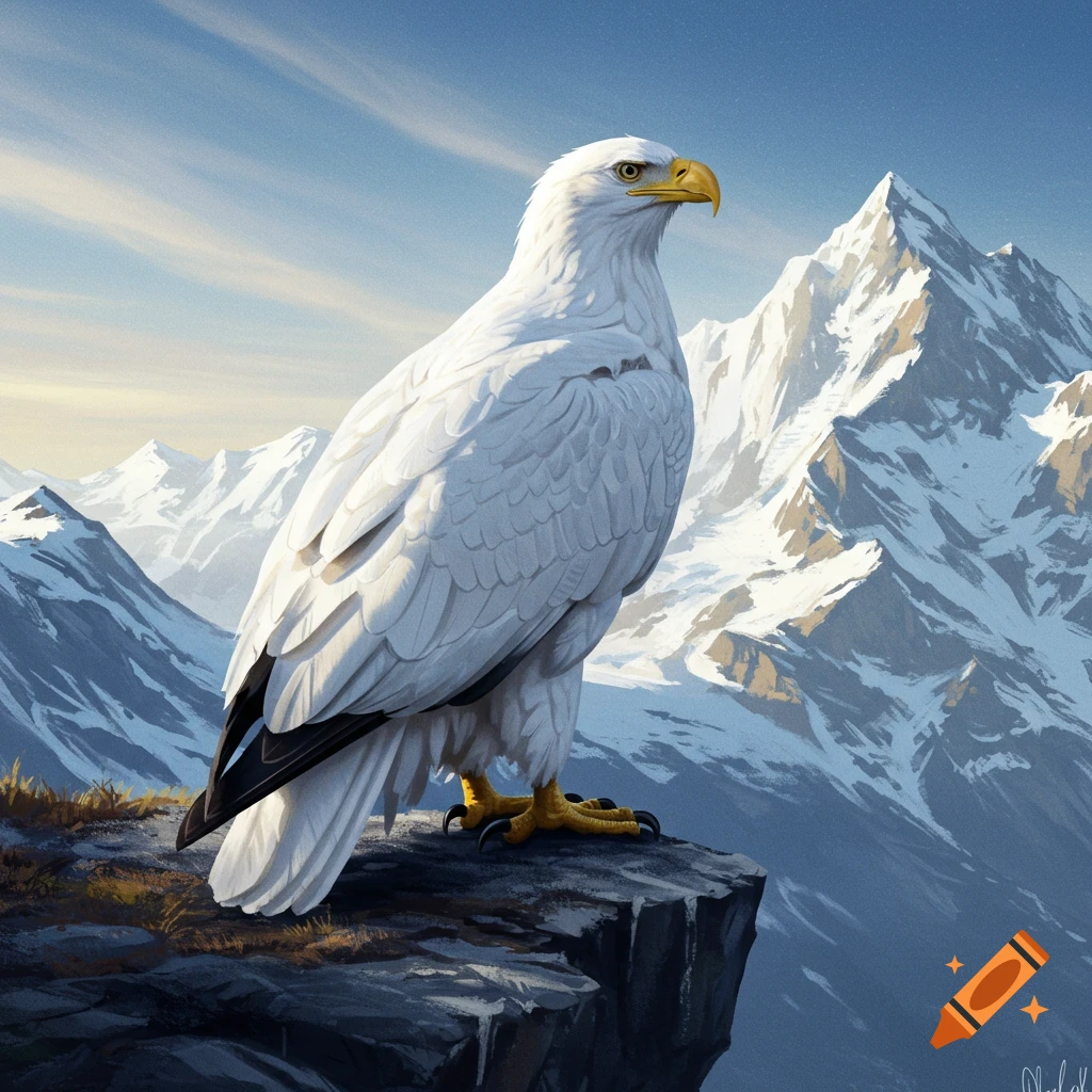 A rare white eagle sits on a rock overlooking snowy mountains.