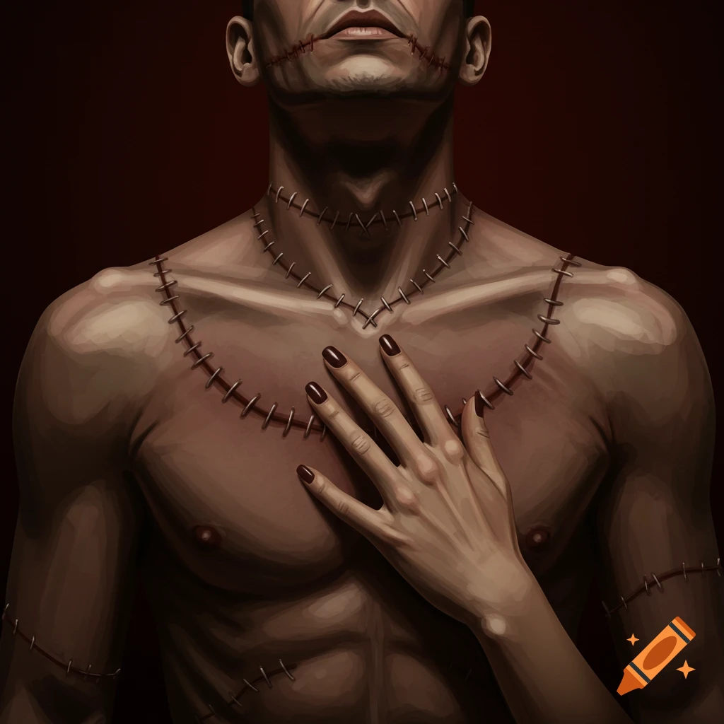 A man's torso with stitches and a hand on his chest.
