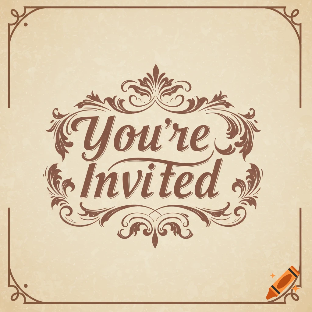 Vintage style invitation graphic with ornate borders and the text 'You're Invited' in script font.