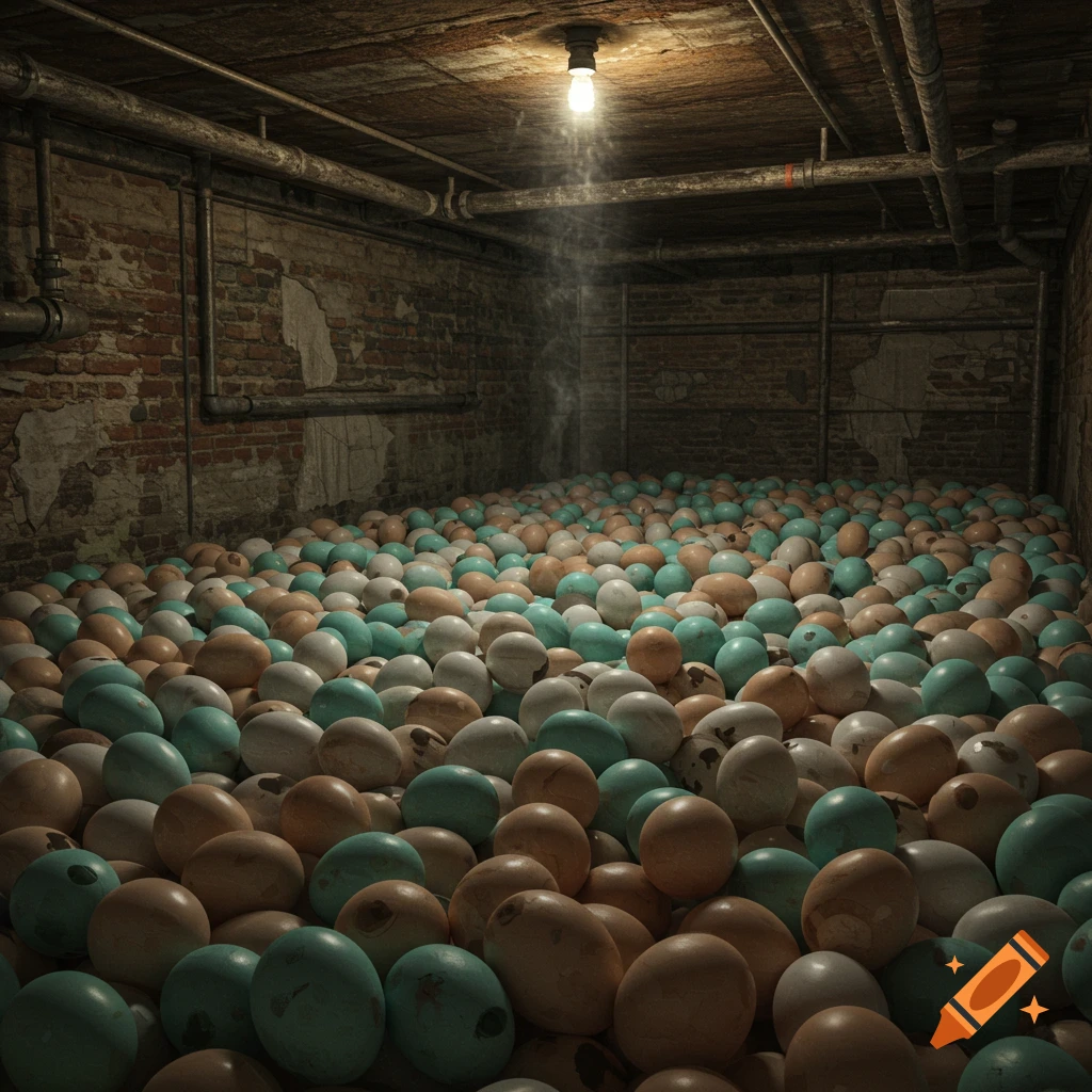 A residential basement is filled floor-to-ceiling with eggs.