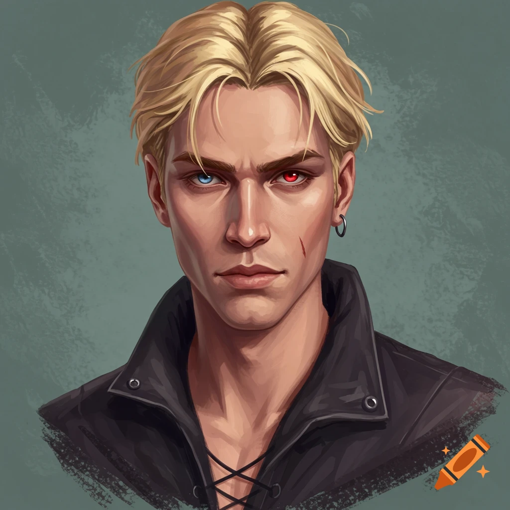 A blonde man with heterochromia, one blue eye and one red, wearing a black jacket.