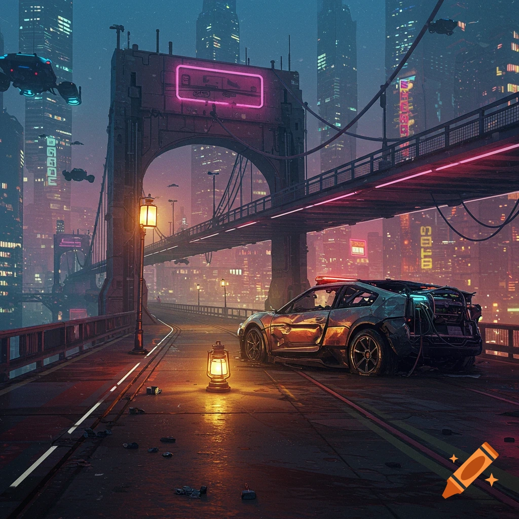 A cyberpunk city bridge at night with a broken car, a lantern, and flying vehicles.