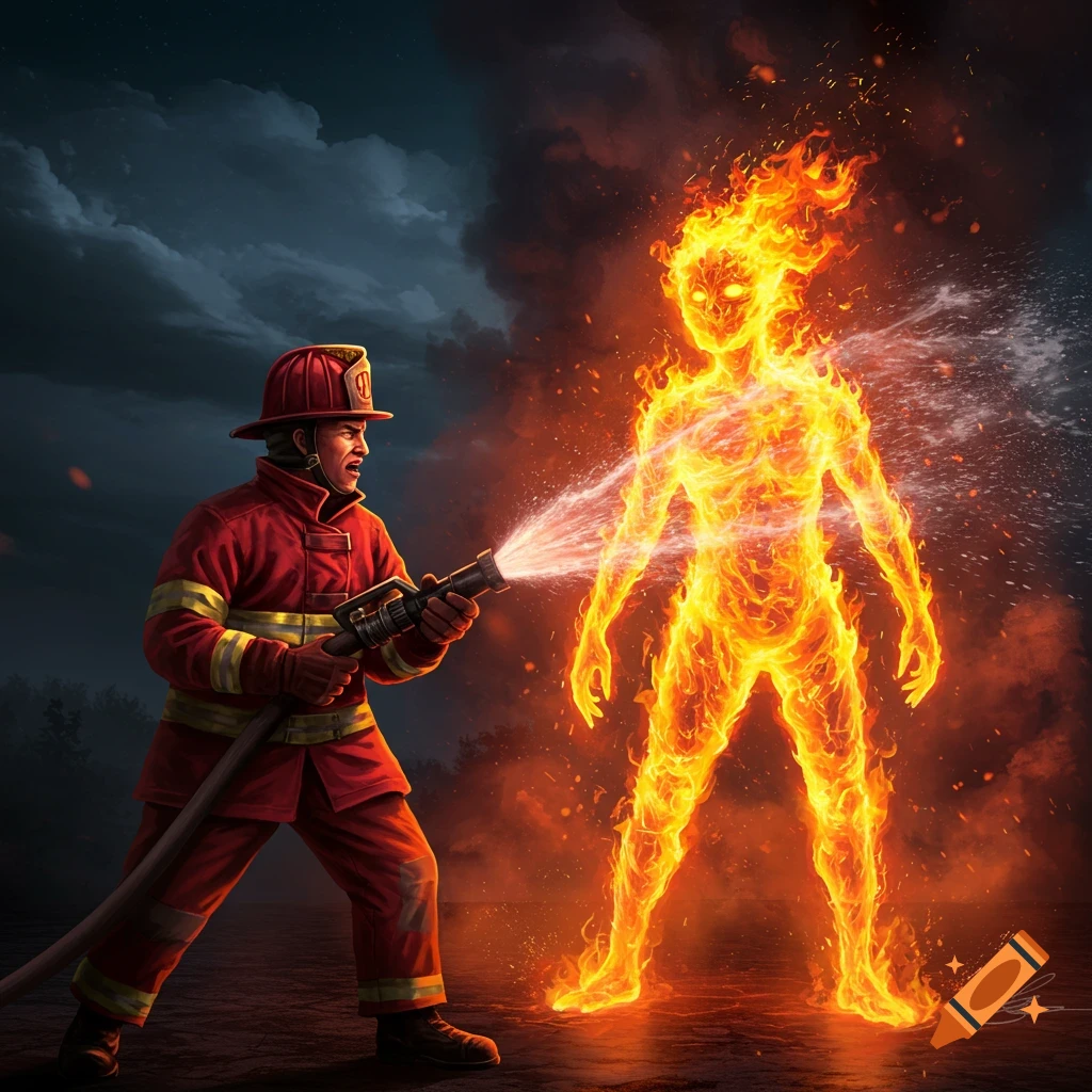 A firefighter spraying water on a person made of fire under a dark sky.