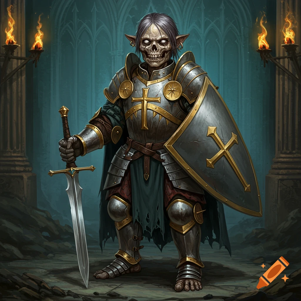 An undead knight in full plate armor with a cross emblem stands in a crypt holding a sword and shield.