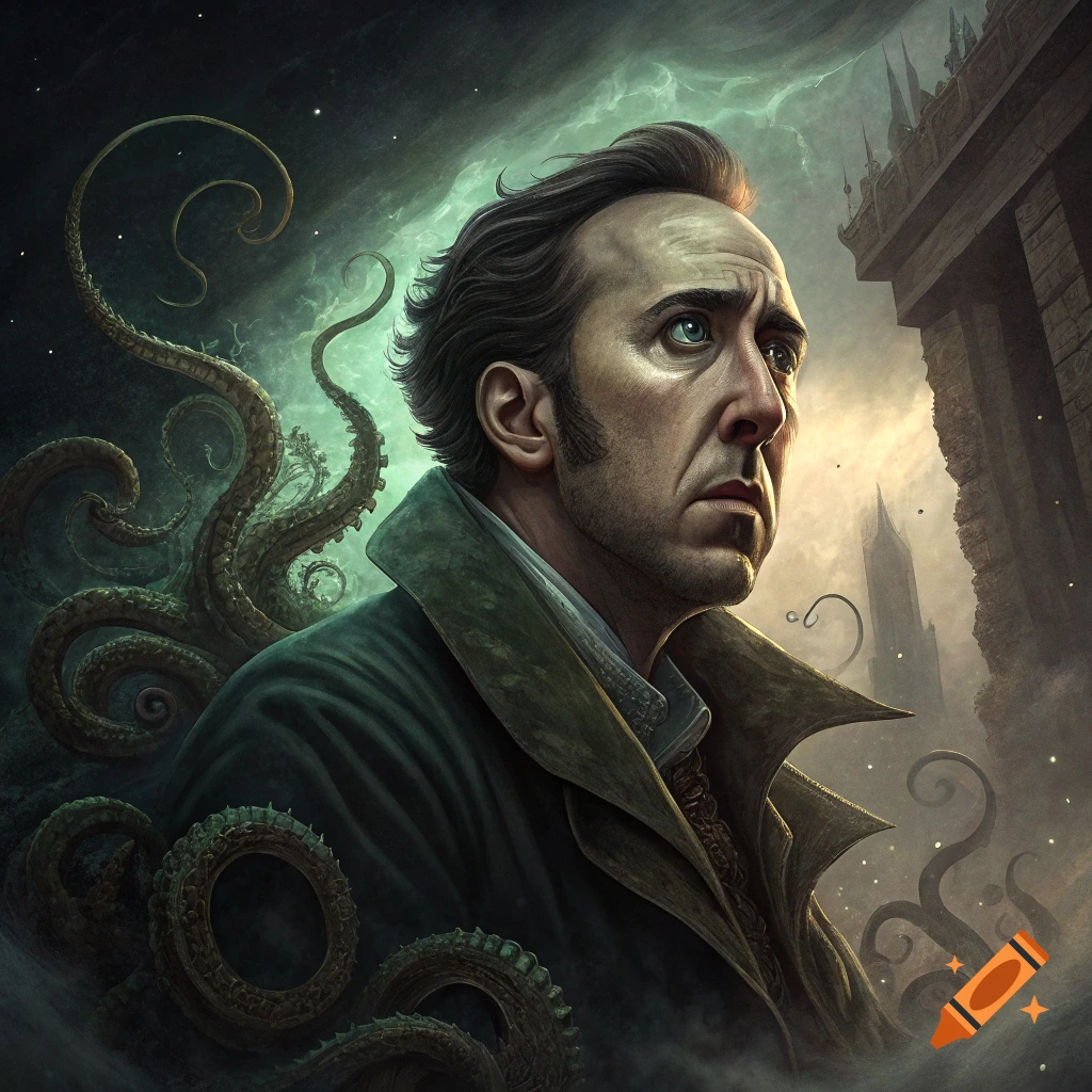 Portrait resembling Nicolas Cage with tentacles in a dark fantasy setting with stormy skies and ruins.