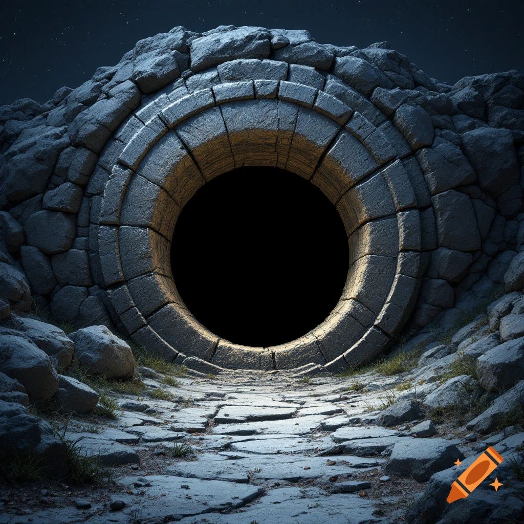 A large stone entrance, possibly a tomb, in a rocky mound at night, with a stone path leading to it.