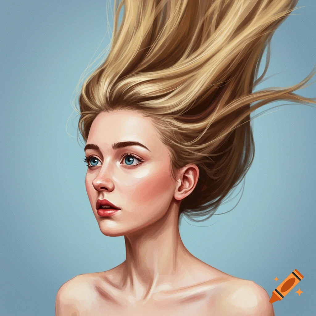 Portrait of woman with blue eyes and blonde hair flowing upwards against a blue background.