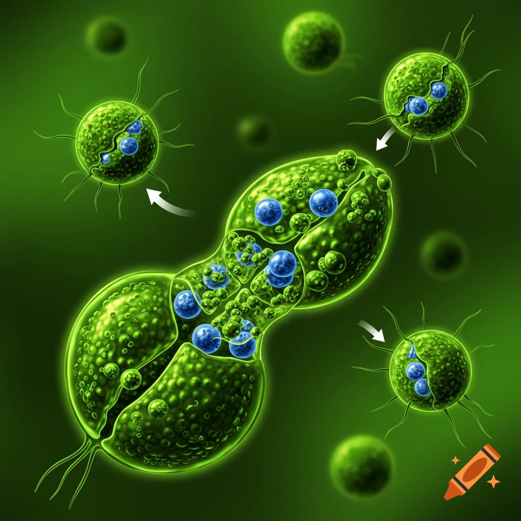 Close-up view of green algae cells undergoing auto sporulation, showing division.