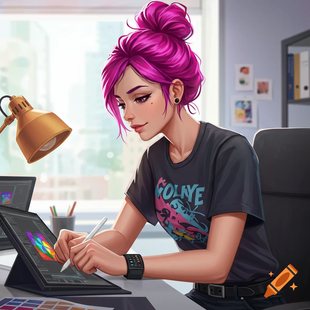 A woman with pink hair working on a digital tablet at a desk in an office.