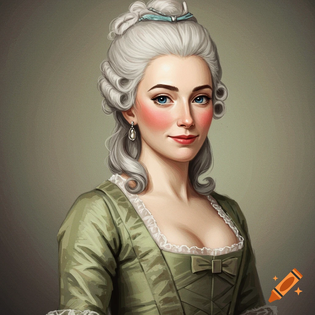 A painted portrait of a woman with gray hair styled in an 18th-century fashion, wearing a green dress.