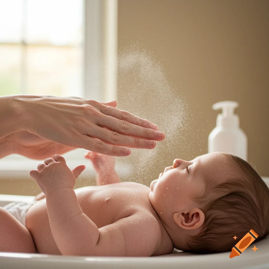 Close up of a hand applying powder to a baby lying down.