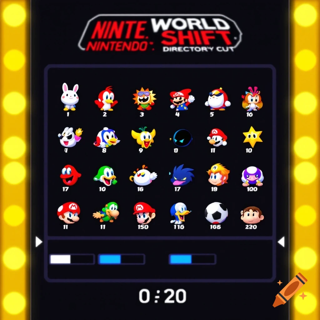 A video game menu screen displaying small cartoon mascots with numbers below them, set against a gold background.