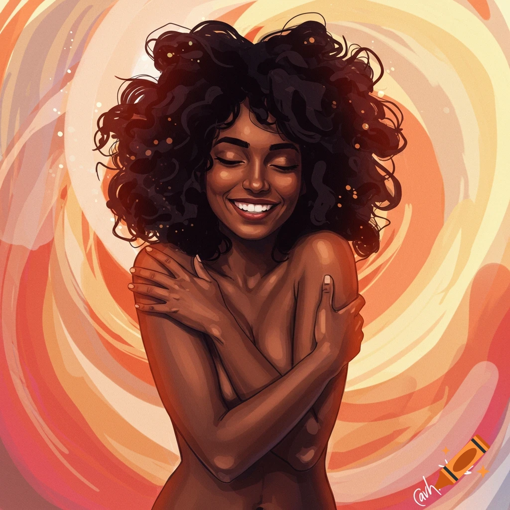 A smiling woman with curly hair is hugging herself against a swirling warm background.