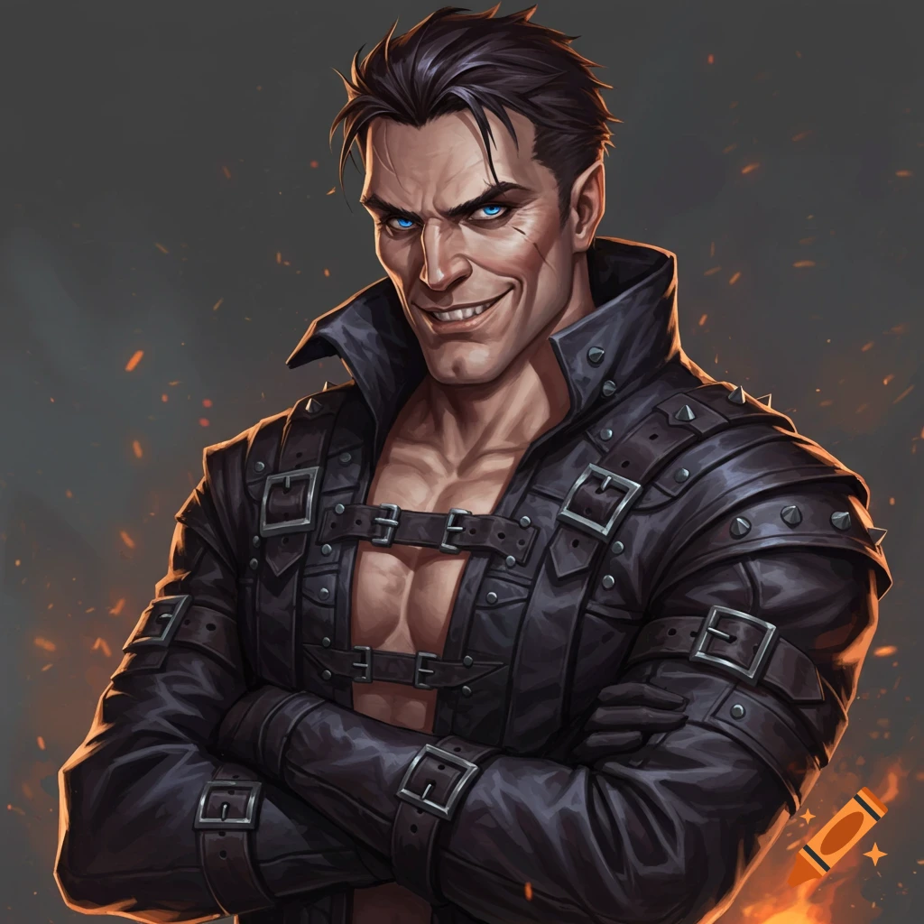 A sinister man in a leather jacket with straps and buckles against a dark background with fire sparks.